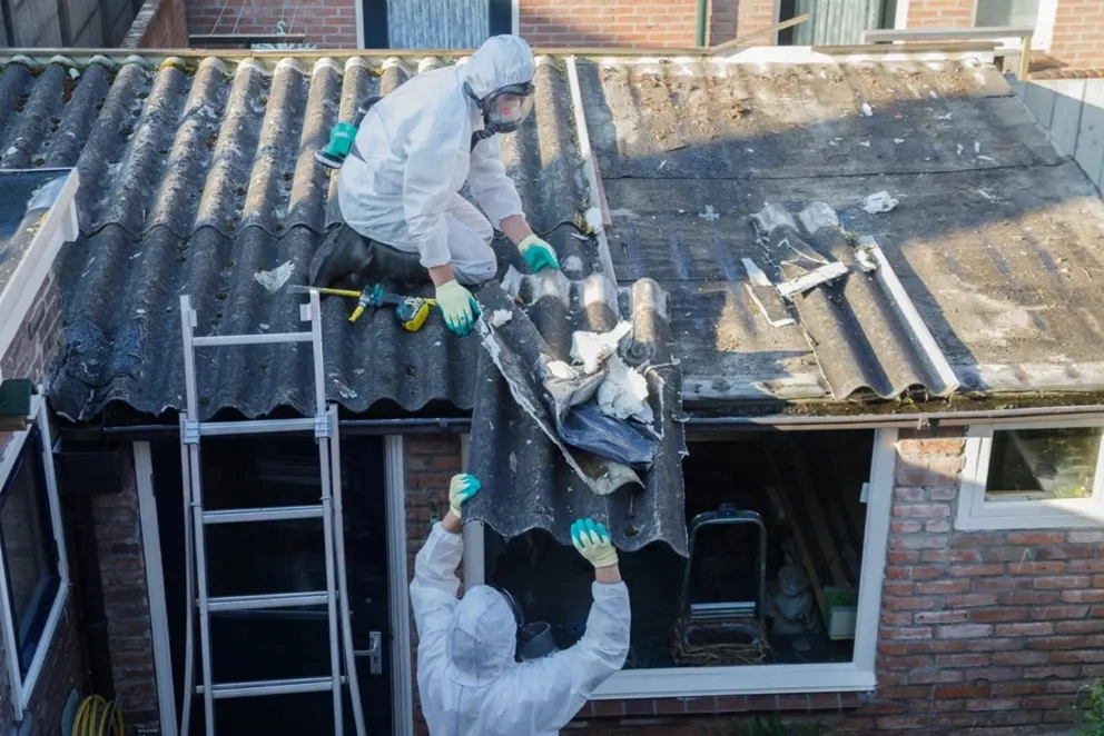 Dos trabajadores con trajes de protección y guantes retirando tejas de asbesto de un tejado usando una escalera